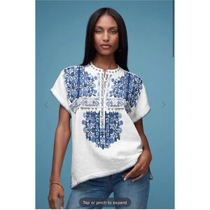 Johnny Was Embroidered Atanase Cotton Blouse Medium Gauze Top White Blue Boho